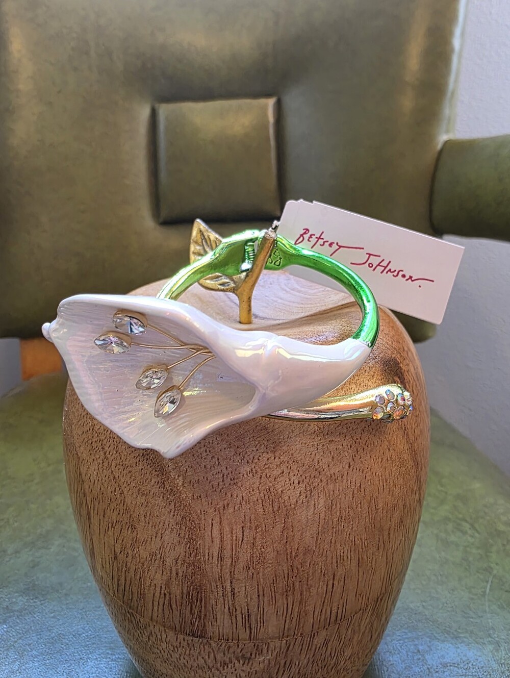 Betsey Johnson Green and White Floral Enamel Bangle with Crystal Accents
